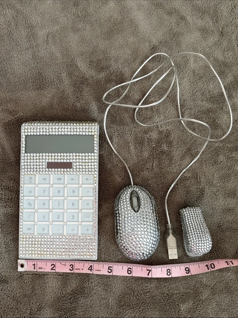 Crystal Rhinestone Mouse with Matching Calculator & Stapler- Silver